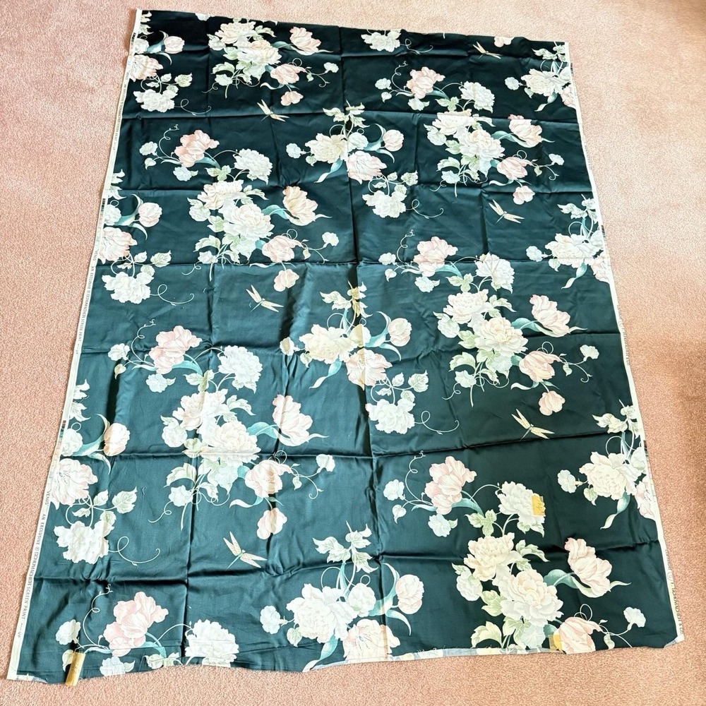 Vintage‎ Schumacher Venus Floral Fabric Panel Pink Roses Dark Teal Cottagecore